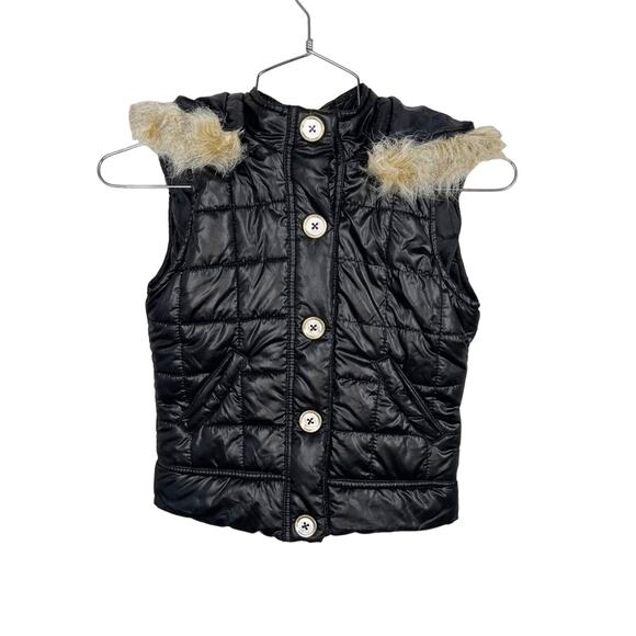 JUSTICE | Black Shiny/Metallic Quilted Puffer Vest with Faux Fur Hood - Picture 1 of 9